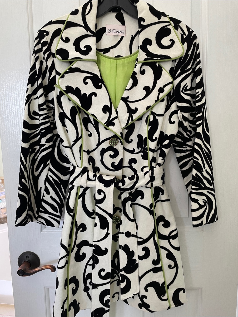Black White trenchcoat with lime lining and animal print sleeves 3 SISTERS